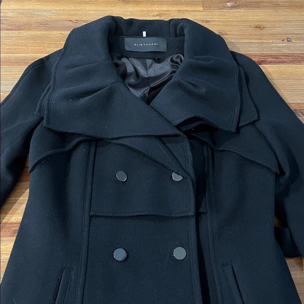 Elie Tahari 100% Wool Black Longline Coat Wide Collar Waist Belt Black Size S